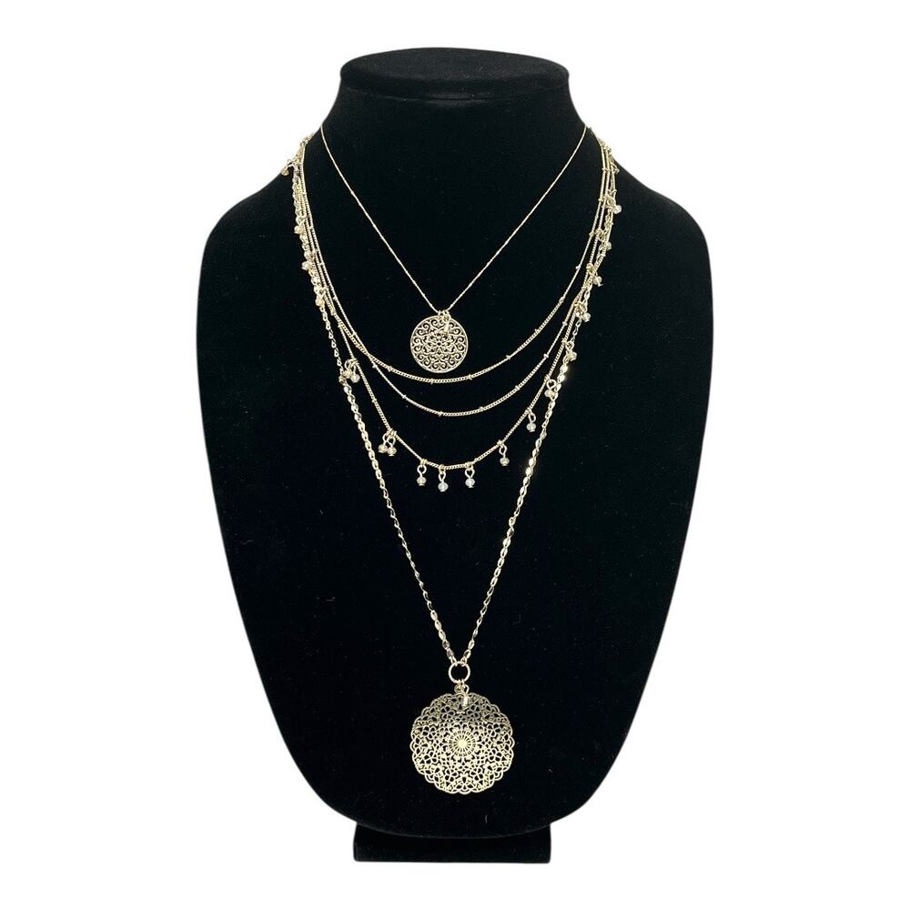 🆕 Express Gold Tone Layered Filigree Medallion Necklace Boho Statement New